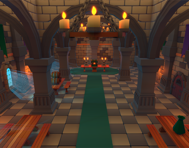 Preview image showing low-poly medieval castle models and customizable materials for Unity