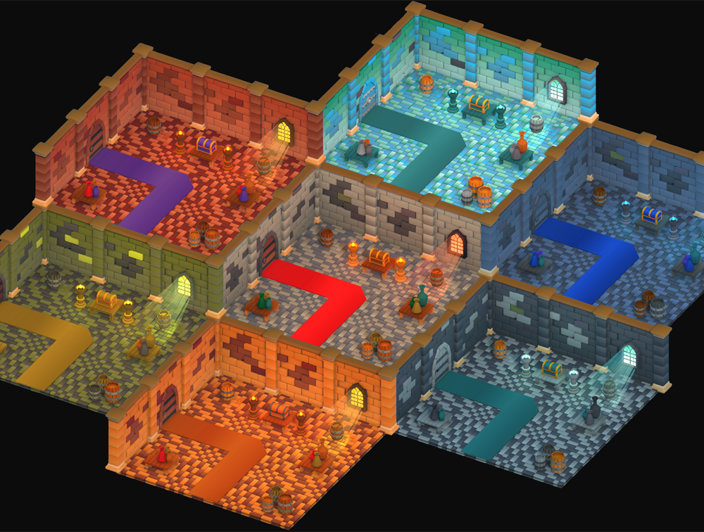 3D modular castle rooms with different color schemes