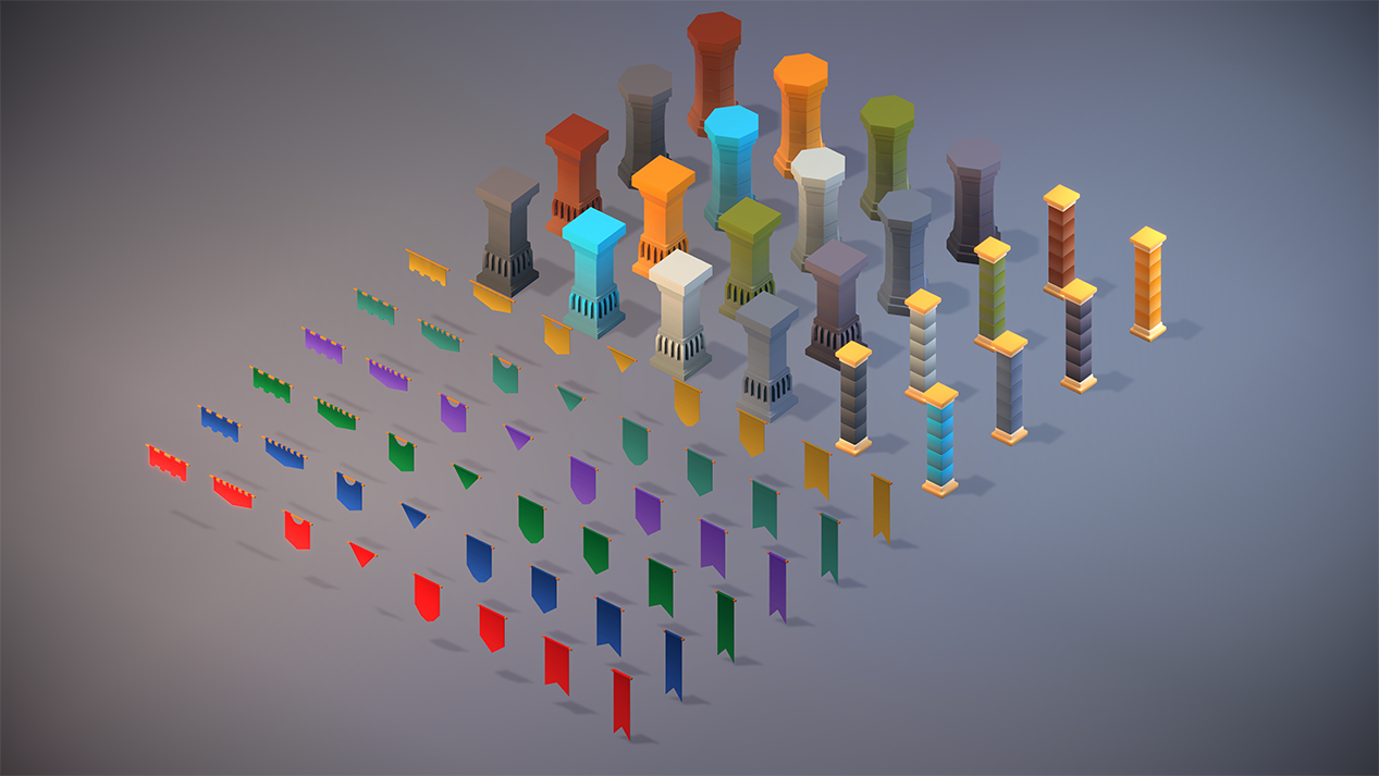 Medieval banners and stone pillars for castle architecture