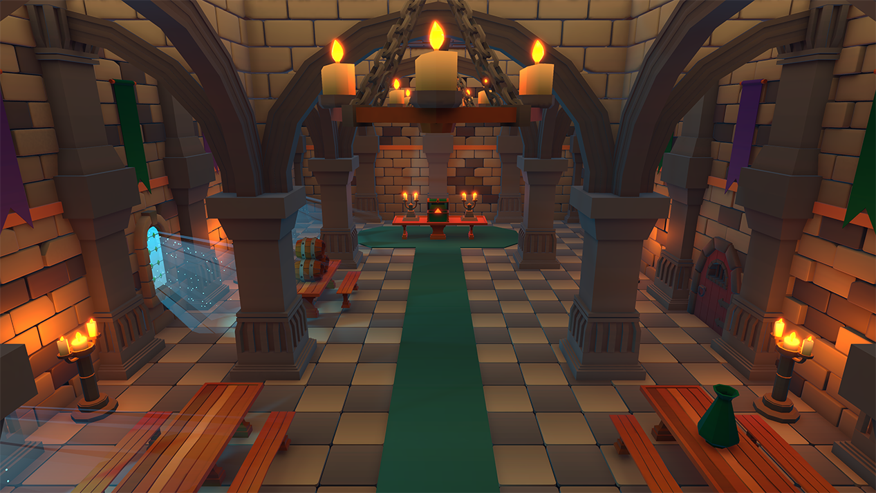 3D medieval dining hall environment with tables and chairs