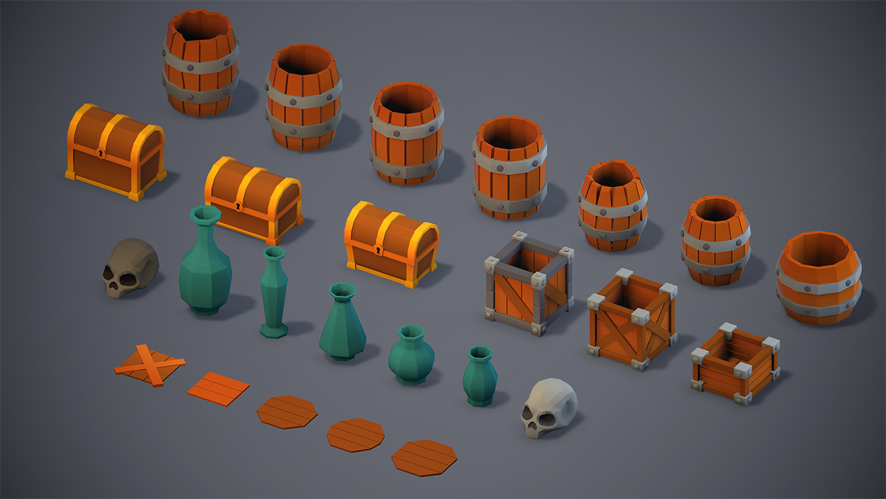 Medieval storage props including barrels, crates, and chests
