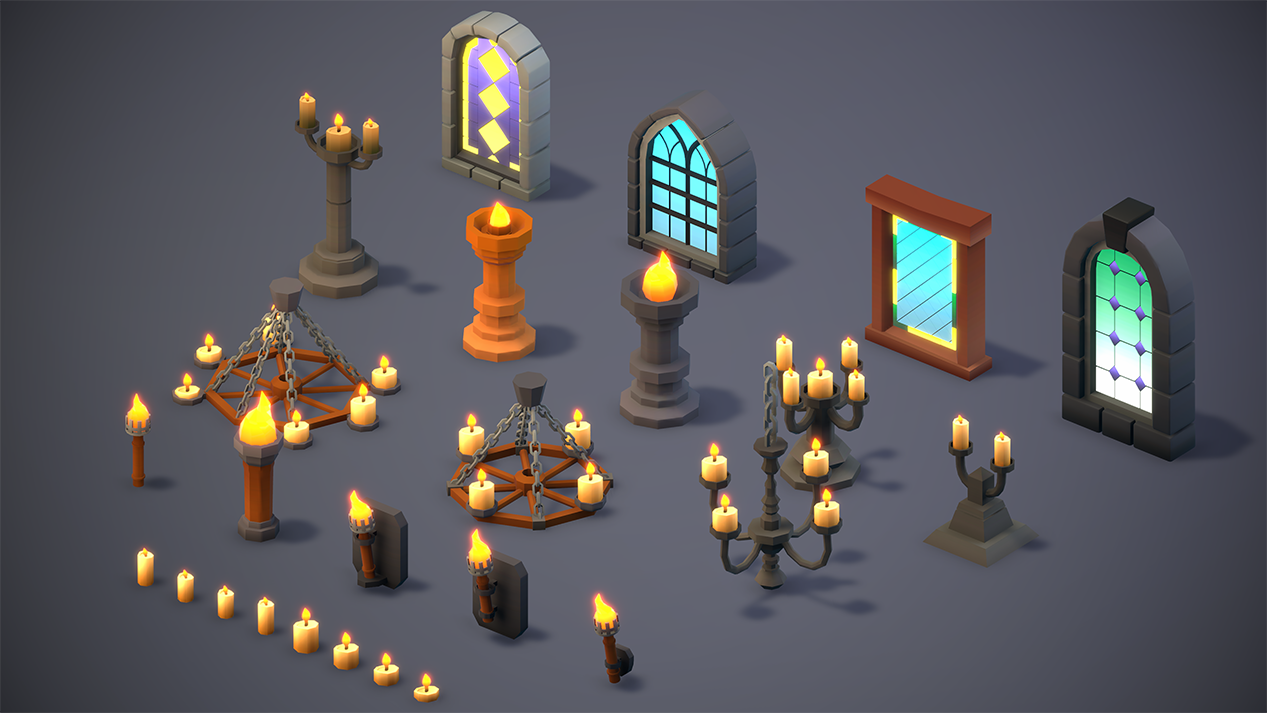 Medieval lighting props including torches and chandeliers